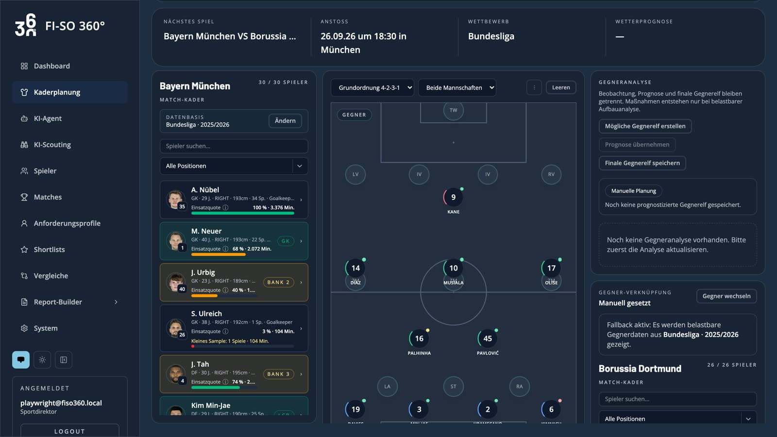 Kaderplanung: Formations-Board mit Startelf und Gegnerkader