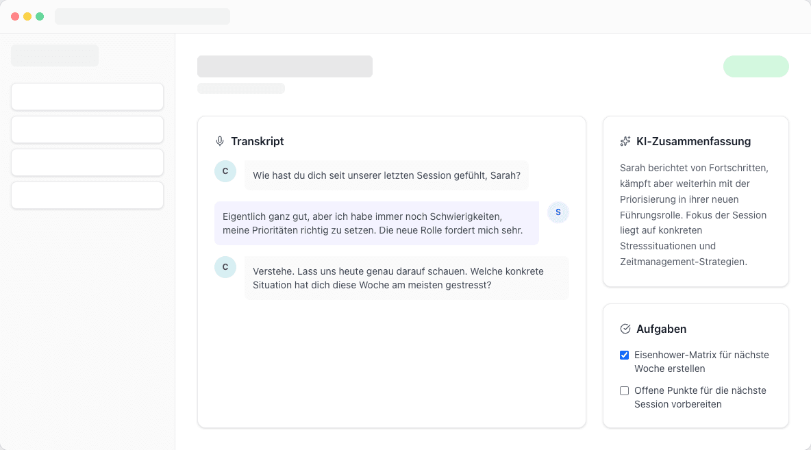 Marketingvisual von CoachPilot mit fiktivem Transkript, KI-Zusammenfassung und Aufgaben