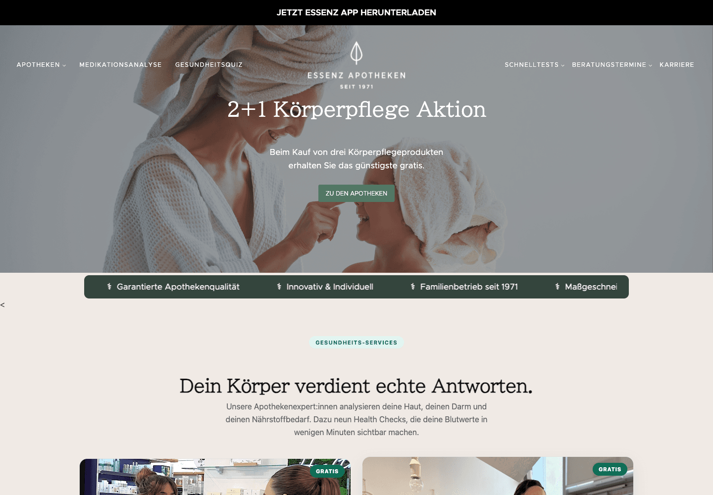 Aktuelle Startseite von ESSENZ Apotheken mit Navigation, Bildwelt und Einstieg in die Gesundheitsangebote