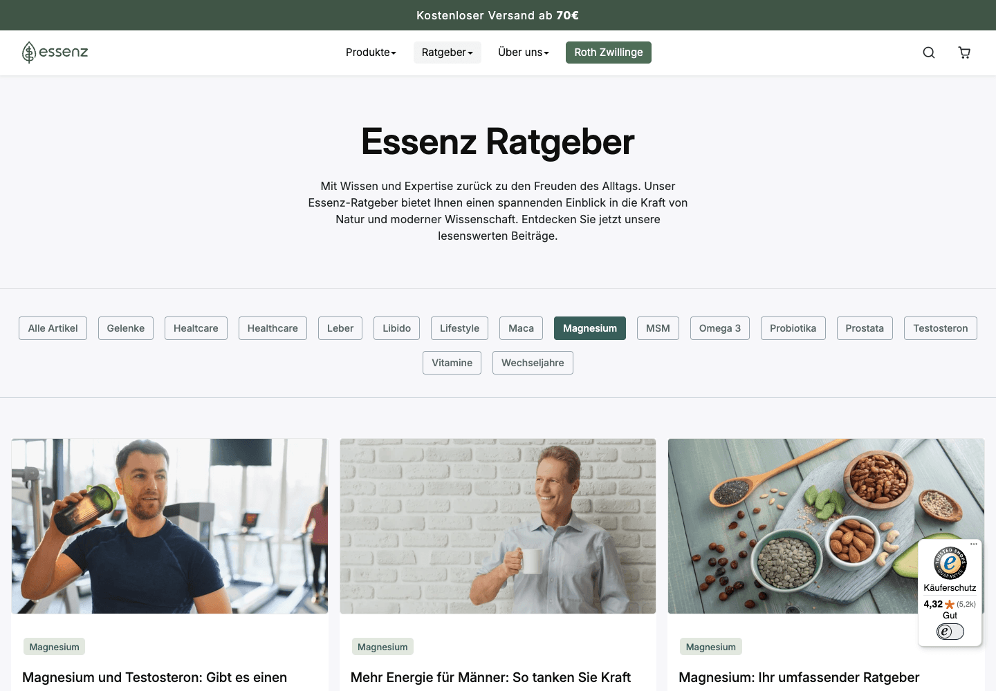 Aktuelle Ratgeber-Übersicht auf essenzshop.at mit Beiträgen zu Gesundheit und Nahrungsergänzung