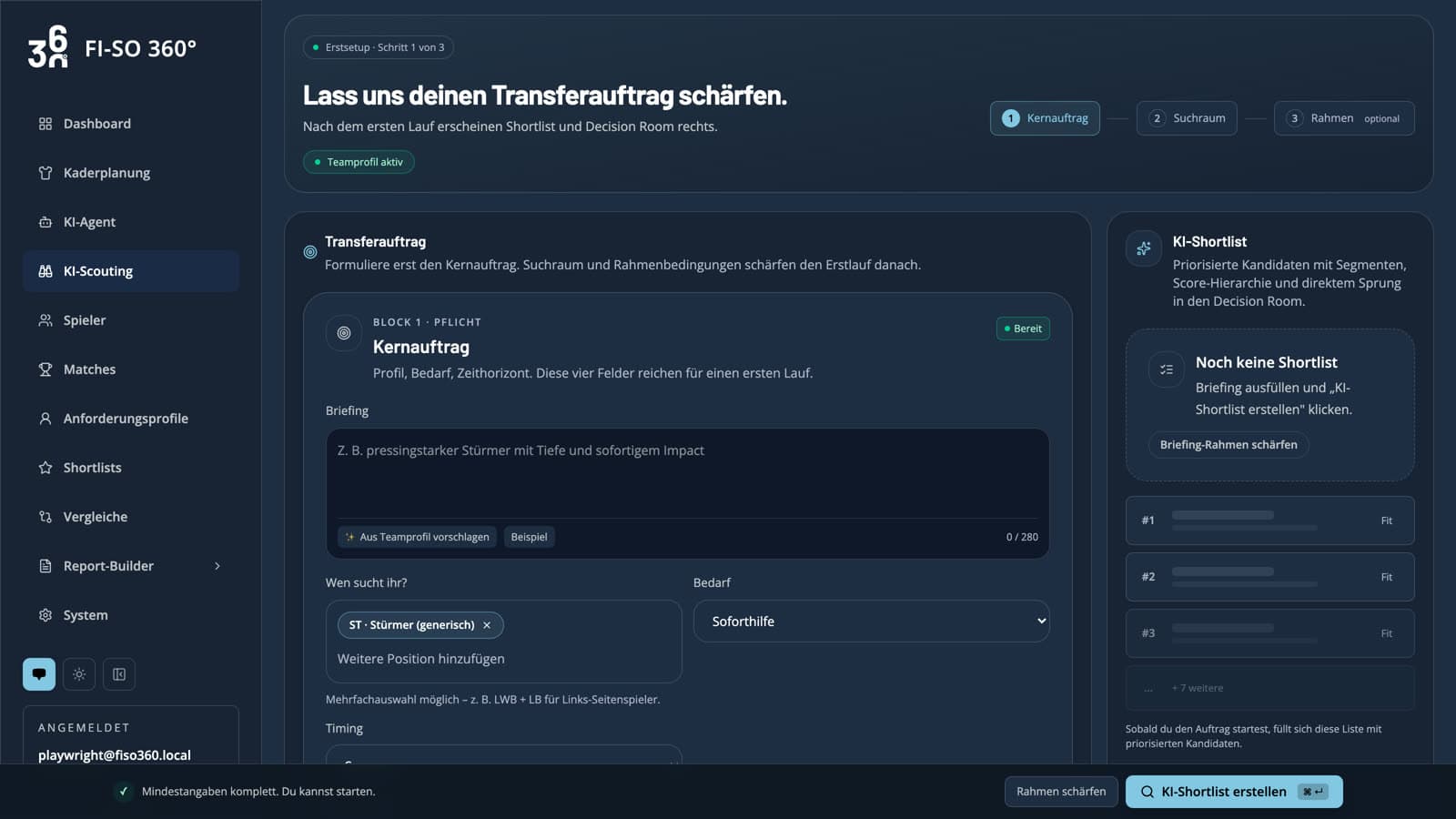 FI-SO-360-Oberfläche für einen geführten Transferauftrag mit Suchrahmen und KI-Shortlist