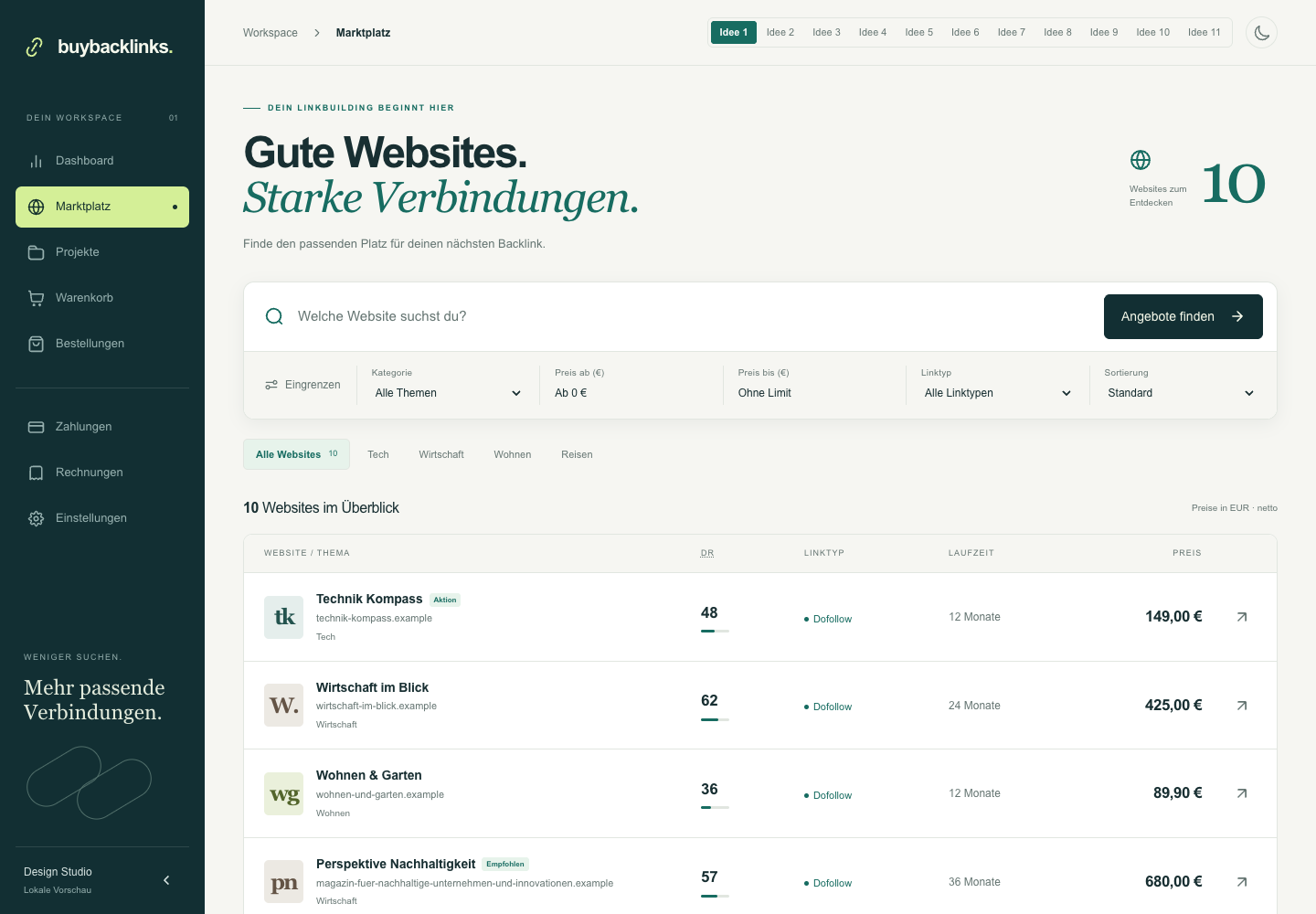 Lokale Designvorschau des Buybacklinks-Marktplatzes mit Beispieldaten