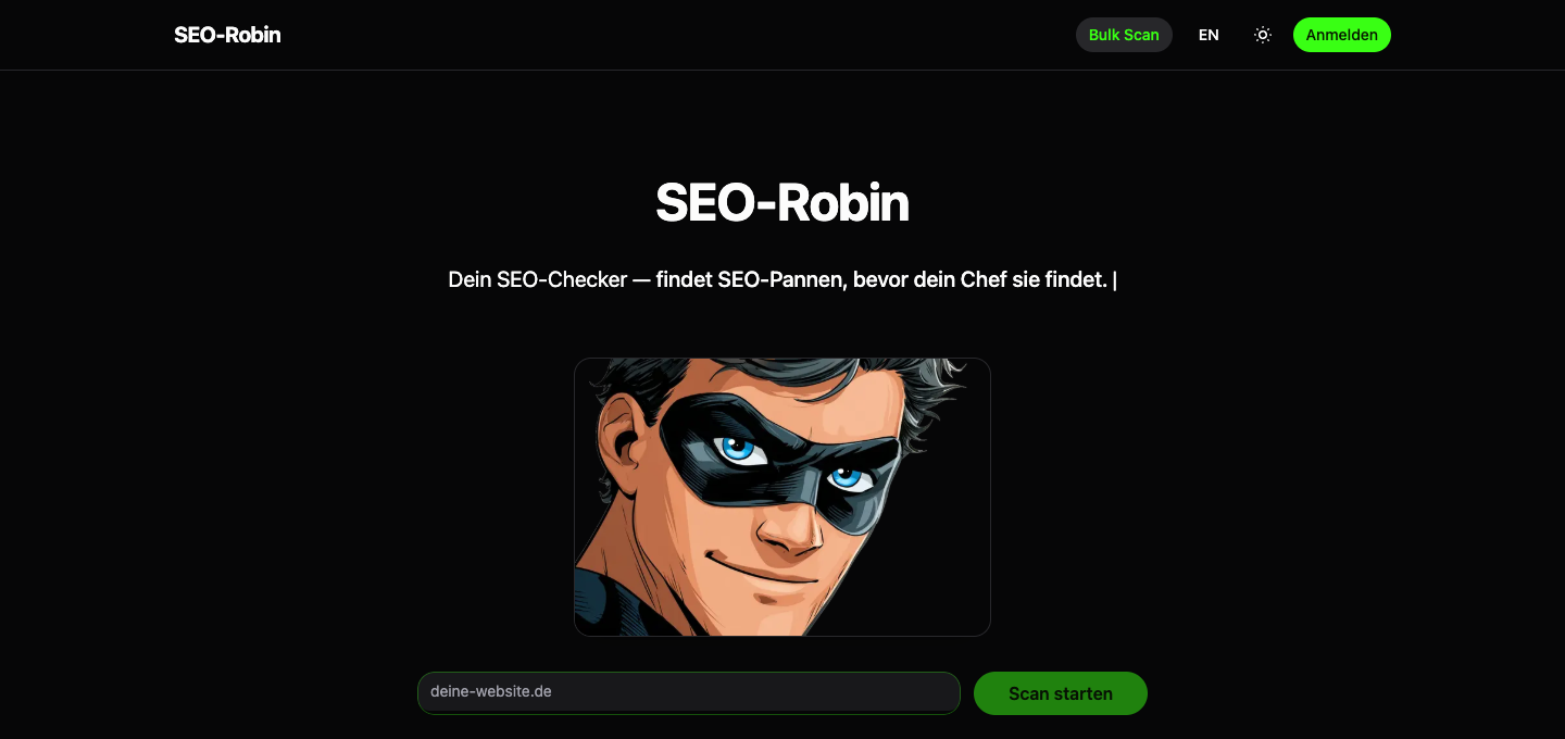 Öffentliche Startseite von SEO-Robin mit URL-Eingabe und Projektmaskottchen