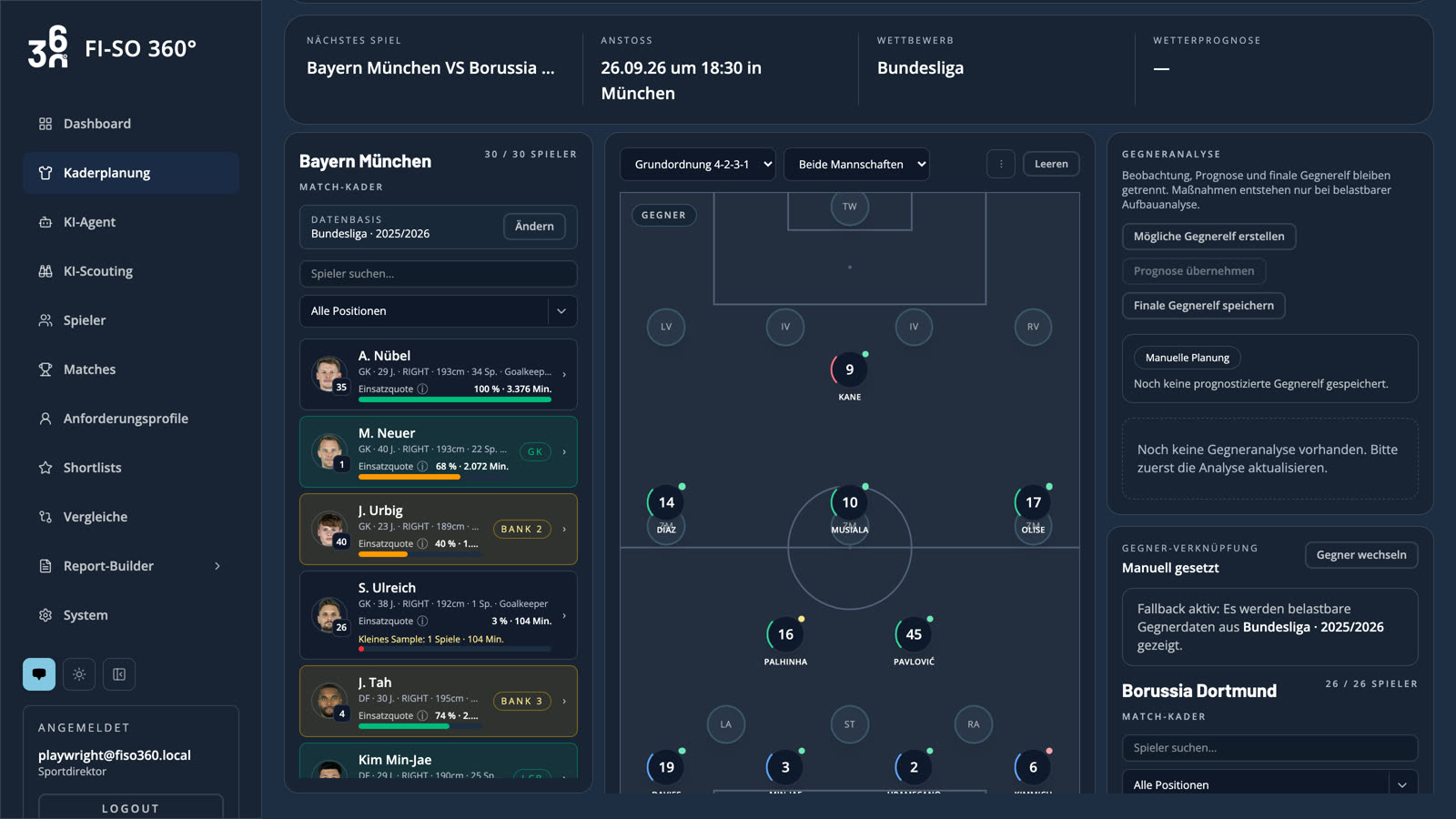Kaderplanung: Formations-Board mit Startelf und Gegnerkader